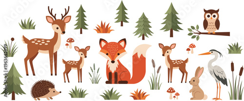 Whimsical forest animals and trees in a natural setting with deer fox rabbit hedgehog and owl together