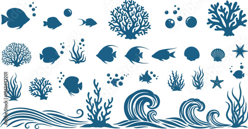 Collection of blue ocean icons including fish coral seaweed waves and starfish on white background