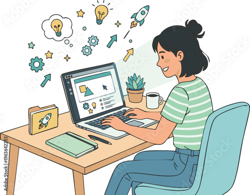 Creative Woman Working on Laptop with Flying Idea Icons