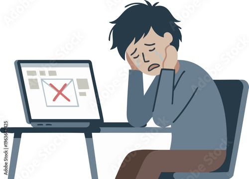 Sad Man Crying Due to Rejected Email or Job Application on Laptop