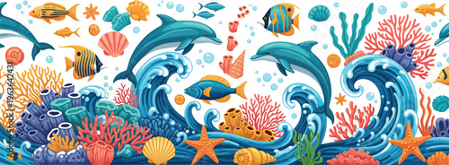Vibrant underwater scene with dolphins swimming among coral reef fish and sea creatures in ocean waves