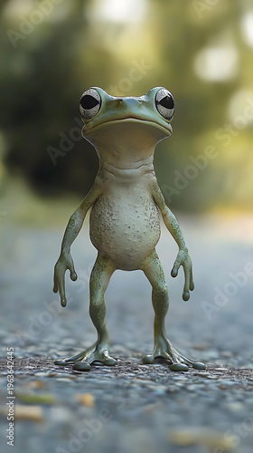 Cute frog standing upright on road with soft blurred background natural light high resolution picture