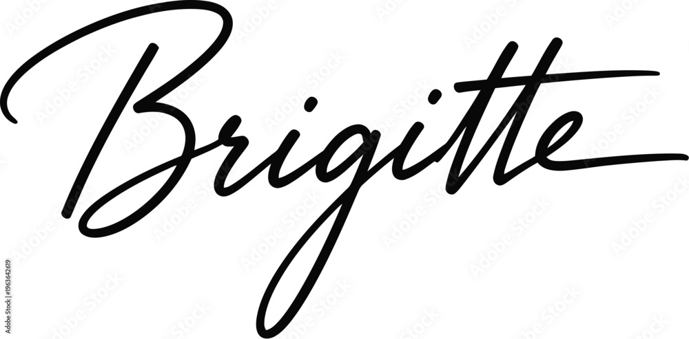 Obraz premium A elegant black cursive signature of the name Brigitte on a white background