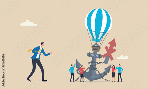 Problem or to to up, together big cow mistake or failure, obstacle or error to make business fail, frustrated businessman look at heavy tied anchor to prevent his balloon to flying up.