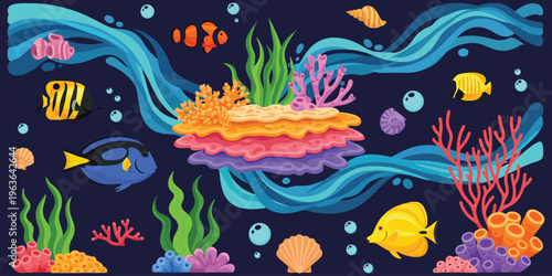 Vibrant colorful coral reef with tropical fish and sea anemones in dark blue ocean water environment scene