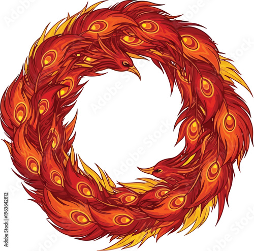 A vibrant illustration of a phoenix forming a circle with its fiery plumage on a white background.