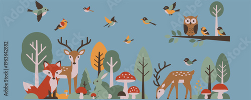 Whimsical forest scene with various animals and trees in a colorful natural setting with birds and wildlife present