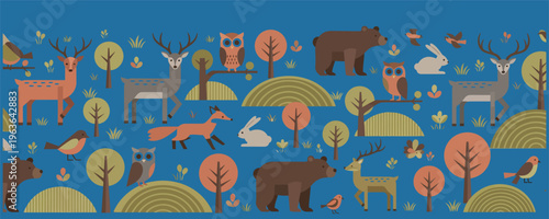 Whimsical illustration of various animals and plants on a blue background in a vibrant and playful style