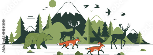 Forest landscape with wildlife including deer bear and birds in a natural mountainous setting with trees and foliage