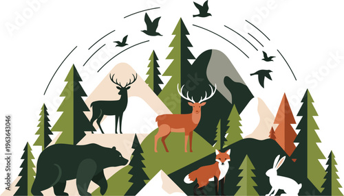 Wild animals in their natural forest and mountain habitat with trees and birds in flight together freely outdoors