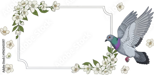 A colorful pigeon flying near white flowers and a decorative frame on a white background
