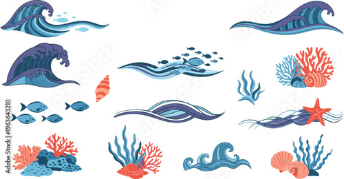 Colorful ocean creatures and coral reef illustrations in shades of blue and orange on white background
