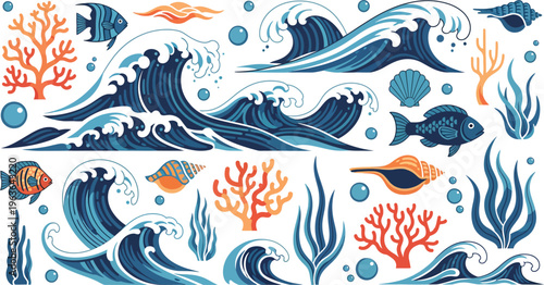 Vibrant ocean waves and coral reef scene with tropical fish sea creatures and seaweed on white background illustration