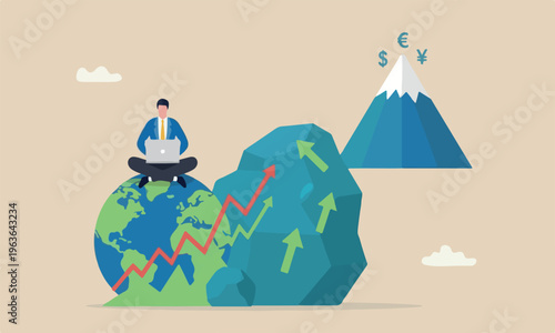Global stock market boulder uphill mountain peak international investment, financial analysis or earning growth, stock trading concept, smart businessman investor trading on laptop on the globe with