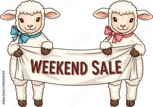 Two adorable cartoon lambs holding a weekend sale banner with colorful bows