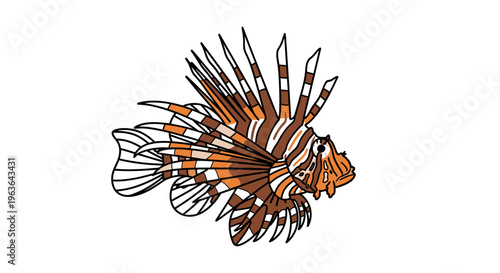 Vibrant orange and black lionfish illustration showcases its distinctive fins and tail in profile.