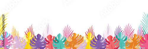 Wide banner Colorful tropical leaves monstera palm branches Isolated background Top half clean for text design For summer, nature tropical themed projects High quality illustration for commercial use