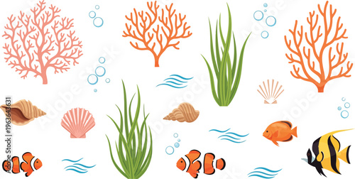 Colorful illustration of coral reef with fish and seaweed in various vibrant hues and textures underwater scene