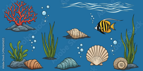 Underwater scene with colorful coral fish seaweed and seashells on ocean floor with waves and bubbles rising