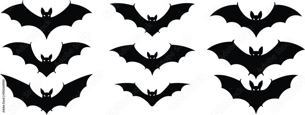 Fototapeta premium Collection of black bat silhouettes on white background