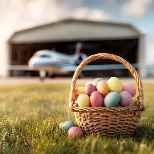 Easter basket with colorful eggs on spring grass outside an airport hangar, airplane nose behind, warm morning sunlight, bright seasonal aviation scene.