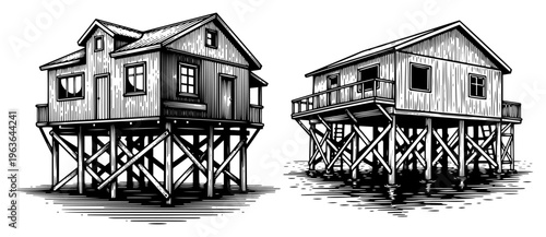 Hand drawn stilt houses over water in vintage engraving style