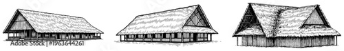 Set of thatched village houses drawn in ink engraving style