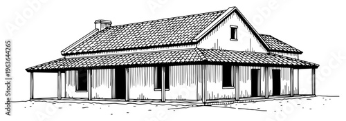 Vintage ink line drawing of ranch house