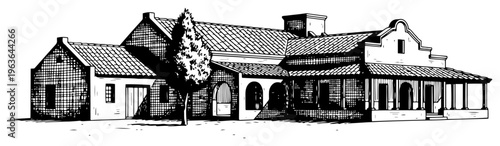 Black and white architectural sketch of hacienda building