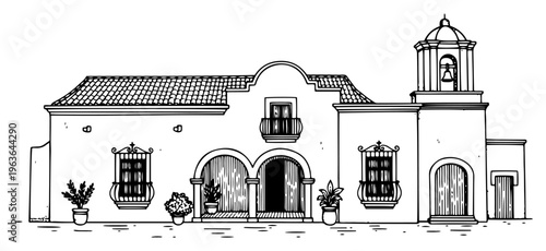 Hand drawn Spanish colonial hacienda mission building black and white vector illustration