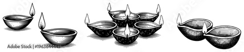 Hand drawn Diwali clay oil lamps with flames vector illustration