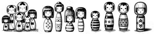 Hand drawn ink sketch set of Japanese kokeshi dolls in row