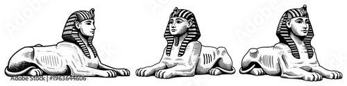 Vintage engraved set of egyptian sphinx statues