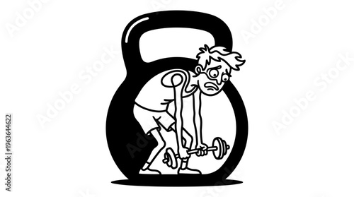 Minimalist Kettlebell with Weak Cartoon Lifter Line Art, Monochrome Vector Illustration of Gym Humor and Fitness