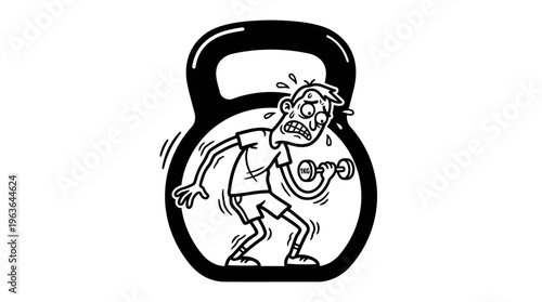 Minimalist Kettlebell with Weak Cartoon Lifter Line Art, Monochrome Vector Illustration of Gym Humor and Fitness
