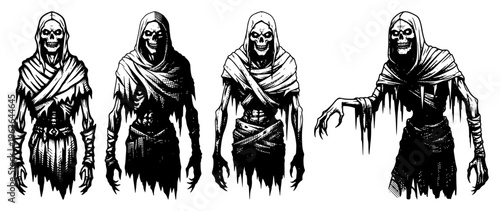 Hand drawn hooded undead wraith characters set vector illustration