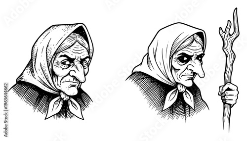 Hand drawn Baba Yaga witch portraits with staff vector illustration