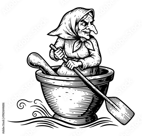 Hand drawn Baba Yaga flying in mortar with paddle vector illustration