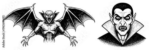 Hand drawn ink sketch of vampire and bat demon in horror style