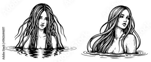 Hand drawn ink sketch of mysterious women emerging from water