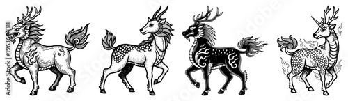 Set of mythical kirin creatures in vintage engraving style