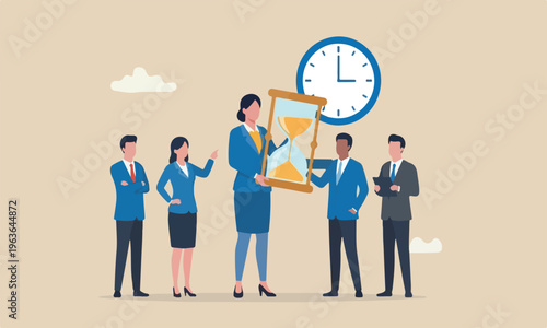 Deadline or tim down meeting teams together on business project, time management, urgency or time schedule concept, confident businesswoman manager holding hourglass or sandglass as timer or time