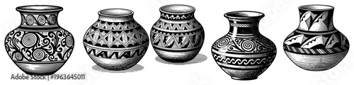 Set of decorated folk ceramic pots in vintage engraving style