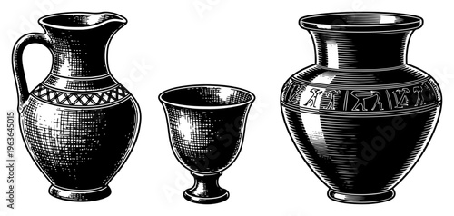 Vintage ink engraving set of ancient ceramic jug cup and vase