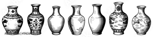 Set of porcelain vases in vintage black and white line art