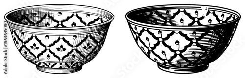 Vintage engraved patterned ceramic bowls