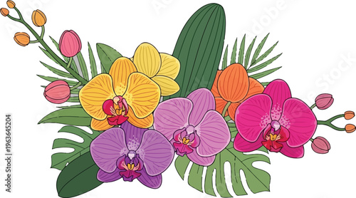 Vibrant Orchid Flower Bouquet Illustration with Tropical Monstera Leaves
