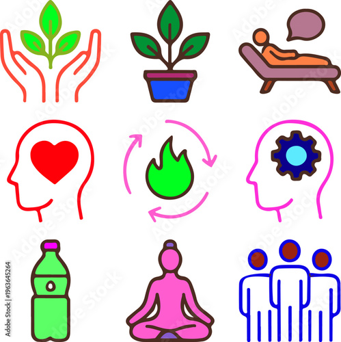 Wellness and holistic health icons set with meditation sustainability mental health spa massage hydration and community teamwork symbols vector illustration
