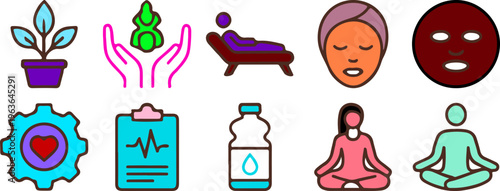 Wellness self-care icons set with massage meditation skincare health monitoring hydration and nature elements vector illustration

