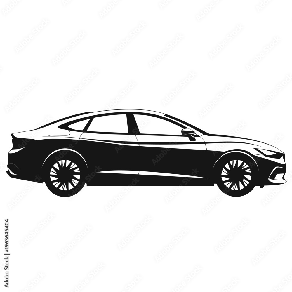 Obraz premium Sedan Car Side View Black Silhouette Vector – Realistic Vehicle Profile Illustration